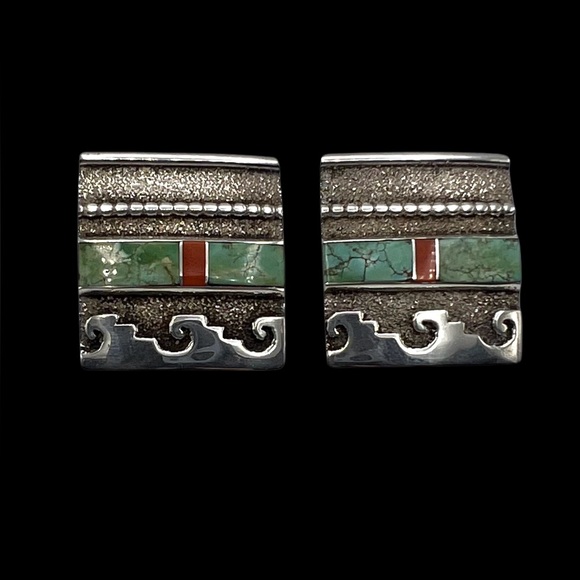 Anna Begay Navajo Sterling Silver Turquoise Coral Multi Stone Stud Earrings
